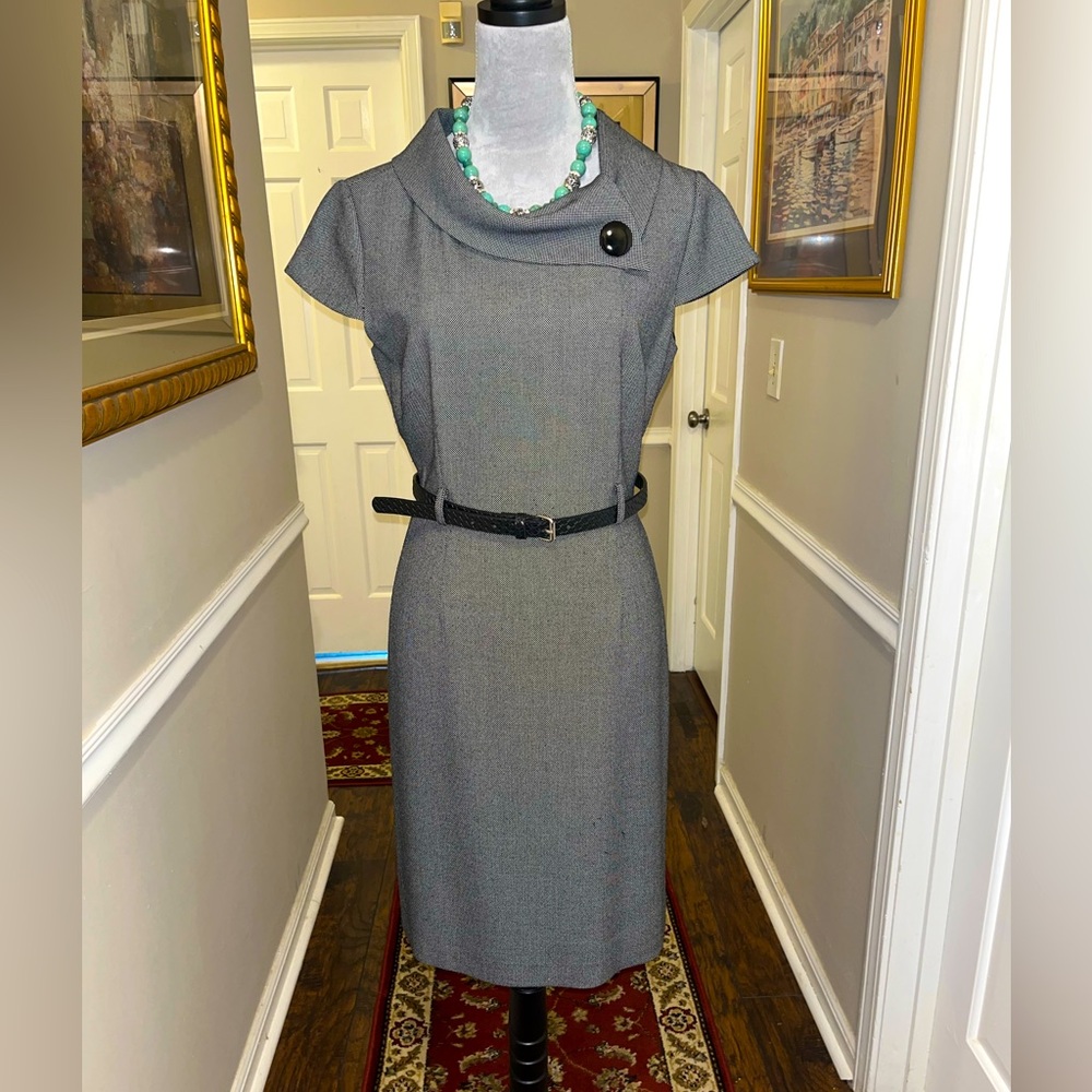 Preloved Dark Gray Tahari Belted Career Sheath Dress